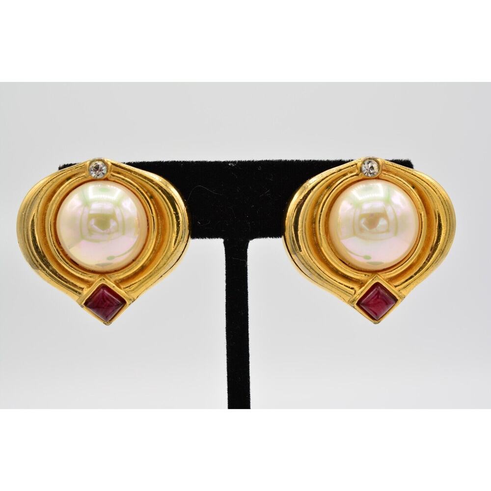 David Grau Vintage Clip On Earrings Red Cabochon Pearl Gold Chunky Signed BinW